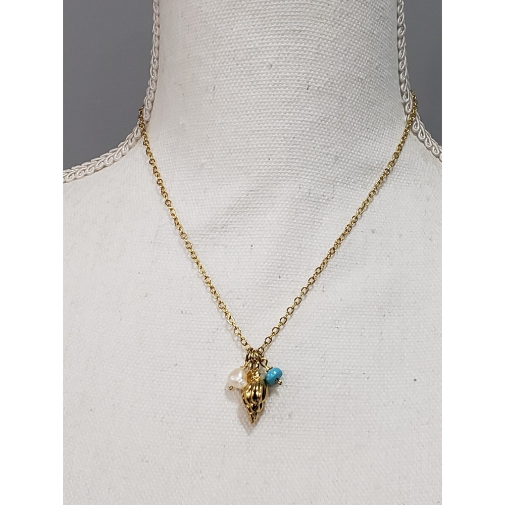 Mayamar Gold Plated Turquoise Bead & Pearl Necklace Shell Gold Tone Chain Dainty